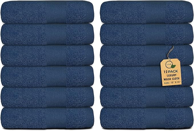 Premium Wash Cloths Pack of 12 (13" x 13") 100% Ring Spun Cotton | Luxury Washcloths | Ultra Soft Face Towels | Highly Absorbent Wash Cloths for face (Navy Blue)