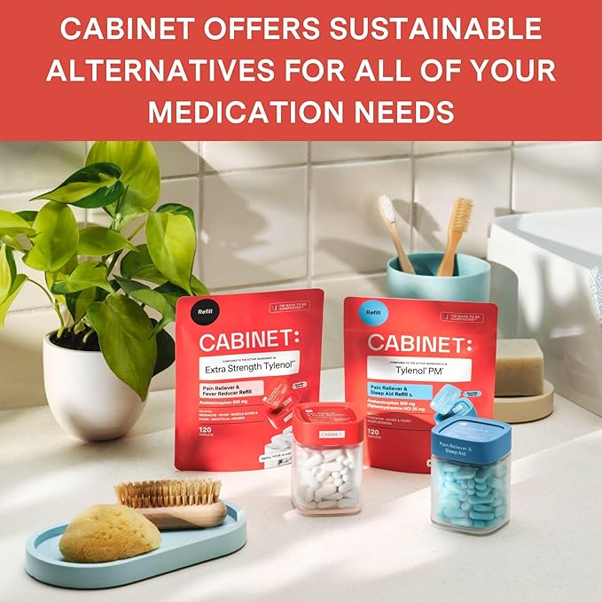 Cabinet: 500mg Acetaminophen for Headache Relief, Toothaches, Sore Throat, and Fever Reducer, Includes 1 Refillable Medicine Jar, 120 Tablets Refillable Glass Jar - (Pack of 3)