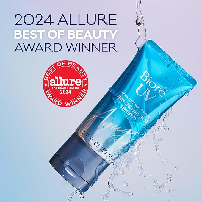 Biore UV Aqua Rich Daily Hydrating Facial Moisturizer with SPF 50 Oil Free Sunscreen & Primer for Makeup with Hyaluronic Acid, No White Cast, Non-Comedogenic, For Sensitive Skin, PA++++, 1.7 Oz