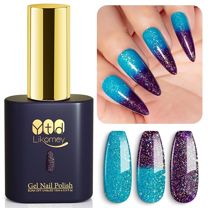 YTD Likomey Color Changing Gel Nail Polish,15ml Turquoise Blue to Deep Purple Brocade Glitter Mood Temperature Change Colors Fall Winter Thermal Ombre Sparkle UV Varnish,HEMA Free TPO Free,WB505