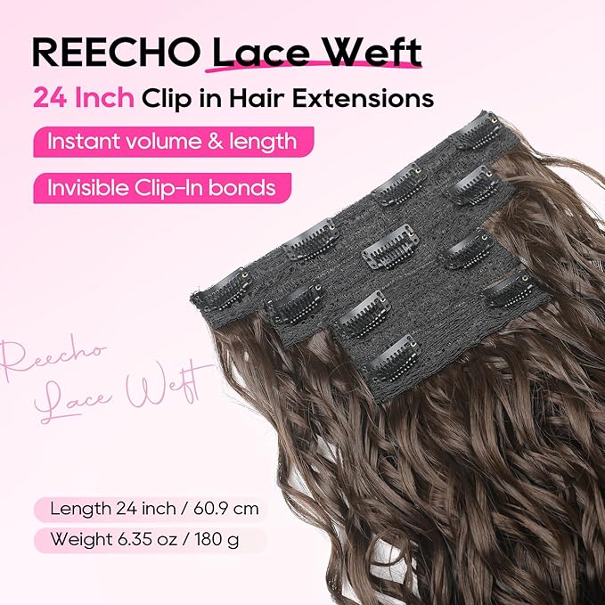 REECHO Curly Hair Extensions, 4PCS 24 inch Clip in Hair Extensions Lace Weft Short Curly Extensions Clip Ins Invisible Natural Hairpieces for Women, Chocolate Brown