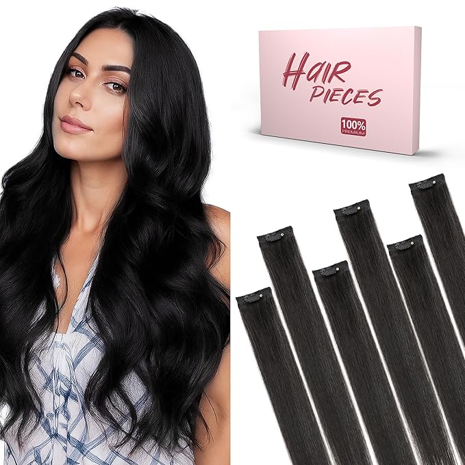 SEGO Single Clip In Hair Extensions Real Human Hair 6 Pcs Individual Clip Ins Remy Straight Soft Seamless Hairpieces for Women -16 Inch #01B Natural Black