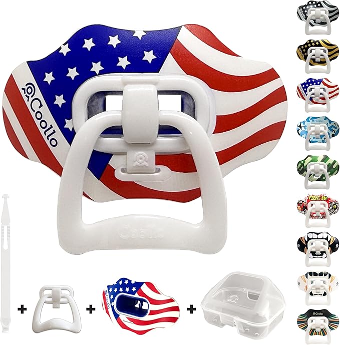 Football Mouth Guard Lip Guard 2-in-1 Transformer Pacifier Football Sports Lip Protector for Adults & Youth USA Flag & Fangs Mouthpiece (Case Included)