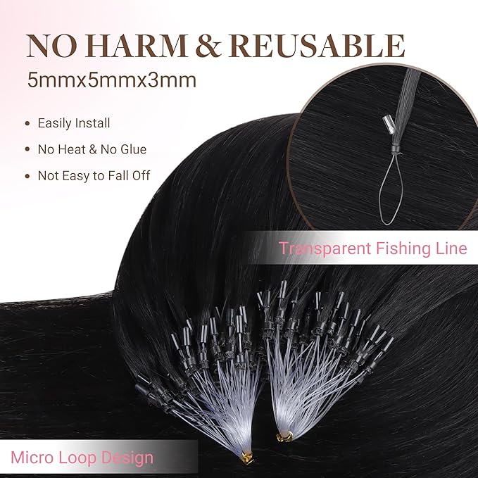 GOO GOO Micro Link Hair Extensions Real Human Hair, Upgraded 100g 100S, 24 Inch Cold Fusion Microlinks, Invisible Remy Hair, Jet Black