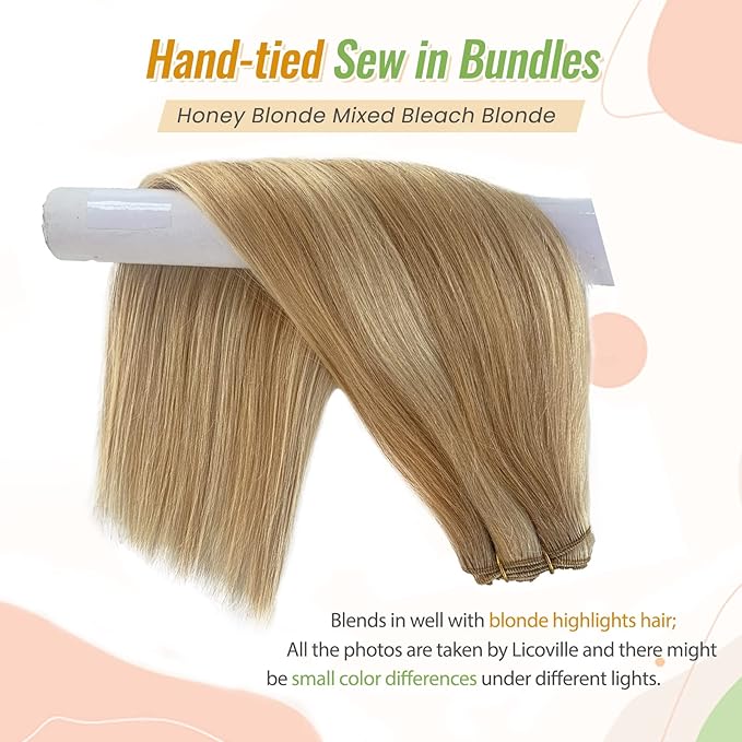 Sew in Hair Extensions Human Hair Highlights Blonde Straight Bundles 120G 24 Inch Hand Tied Hair Extensions Sew in Light Bleach Blonde Highlights Real Human Hair Wefts for Women