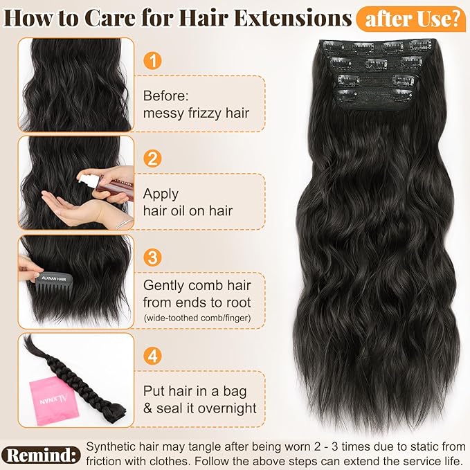 ALXNAN Clip in Long Wavy Synthetic Hair Extension 20 Inch Black Brown 4PCS Thick Hairpieces Fiber Double Weft Hair for Women