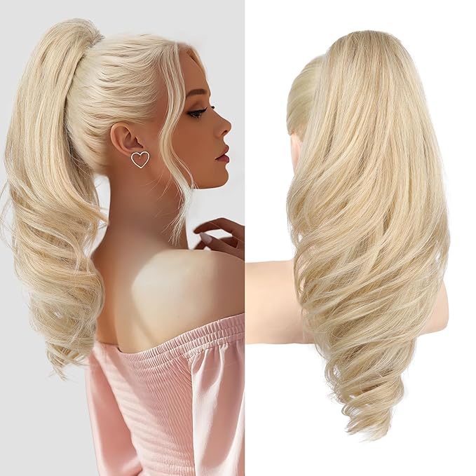 SEIKEA Ponytail Extension, 18" Wavy Claw Clip in Hair Extensions for Women, Lightweight Fluffy Synthetic Ponytail Hairpiece, Natural Soft & Easy to Wear, for Short Blonde Pale Gold Highlights