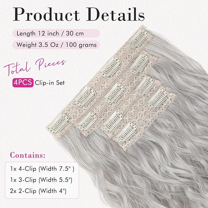 REECHO Clip in Hair Extensions - 4PCS 12" Short Curly Wavy Hairpieces - Invisible Lace Weft - Natural Soft - Silver Grey