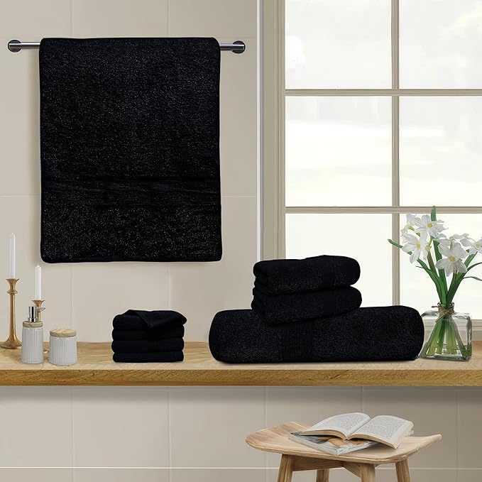 Luxury 8 Piece Towel Set, 2 Bath Towels 2 Hand Towels 4 Washcloths, Towels for Bathroom, Home, Spa & Gym - Highly Absorbent Ultra Soft Quick-Dry (Black)