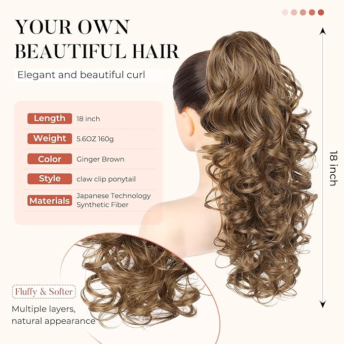 Flufymooz Ponytail Extension, 18 inch Wavy Curly Claw Clip Ponytail Extension Clip on Ponytails Natural Synthetic Hairpiece for Women Daily Wear (Ginger Brown)
