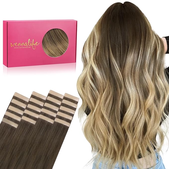 WENNALIFE Tape in Hair Extensions Human Hair, 20pcs 14 inch 50g Ombre Walnut Brown to Ash Brown and Bleach Blonde Remy Tape Hair Extensions Real Human Hair Tape Extensions Coloured Hair Extensions