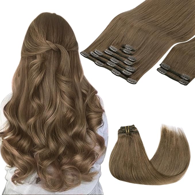 GOO GOO Clip in Hair Extensions Real Human Hair, Remy Human Hair Extensions Clip ins for Women, Natural Human Hair, 22inch 150g 9Pcs, 5 Light Ash Brown