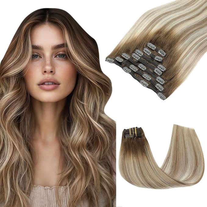 Clip in Hair Extensions Real Human Hair Double Weft Balayage Color Walnut Brown To Ash Brown and Golden Blonde,Clip in Hair Extensions,16 Inch 140g,7pcs Per Set With 19 Clips(#3/8/22,16")
