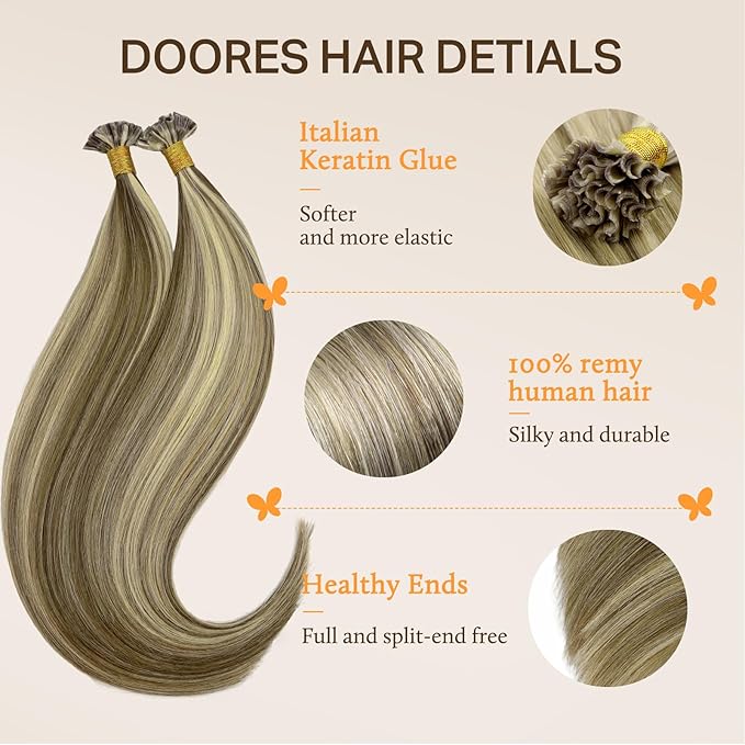 DOORES Ktip Human Hair Extensions, Ash Brown to Platinum Blonde 20 Inch 50g/50s, U Tip Extensions Straight Keratin