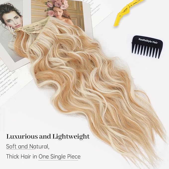 KooKaStyle Invisible Wire Hair Extensions with Transparent Wire Headband Adjustable Size 4 Secure Clips Long Wavy Hairpiece Platinum Blonde mix Orange Blonde 20inch for Women