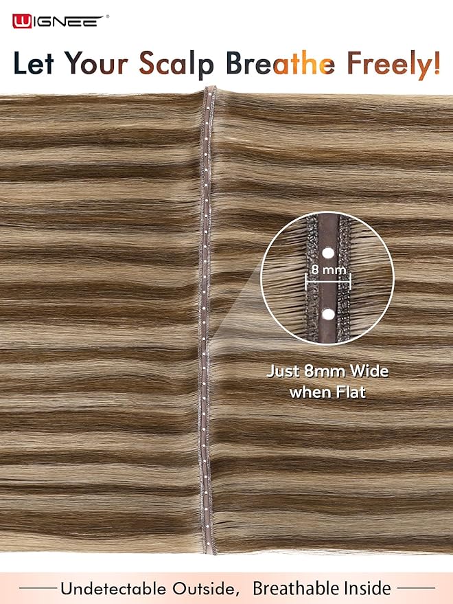 WIGNEE Double Invisible OVO Balayage Hair Extension Genius Invisible Weft with Holes 20 Inch Highlight Brown Remy Hair Extensions Real Human Hair Glueless for Thin Hair 5 PCS 100g (P4/8)