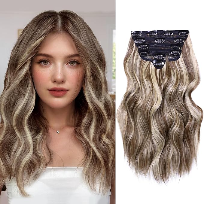 NAYOO Clip in Hair Extensions for Women 14 Inch Short Wavy Curly Medium Brown Ash Blonde Hairpieces Full Head Synthetic Hair Hairpieces (6PCS, Medium Brown Ash Blonde)