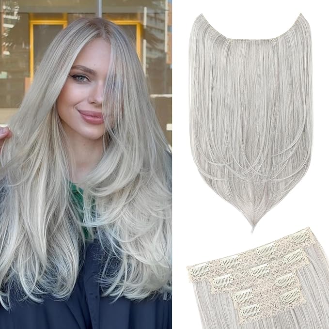 Hair Extensions, 4PCS 18" Clip in Hair Extensions Layered Cut Natural Lightweight Hairpieces with Thinner Softer Invisible Weft for Women - Siver Grey
