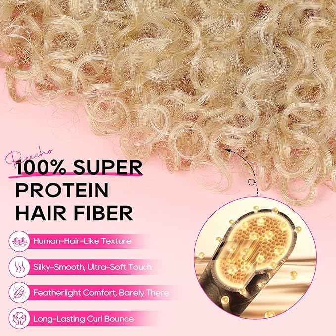 REECHO Curly Hair Extensions - 4PCS 18" GoGo Curly Clip in Hair Extensions 100% Super Protein Hairpieces with Invisible Lace Weft Silky Soft Natural Look for Women - Light Golden Blonde