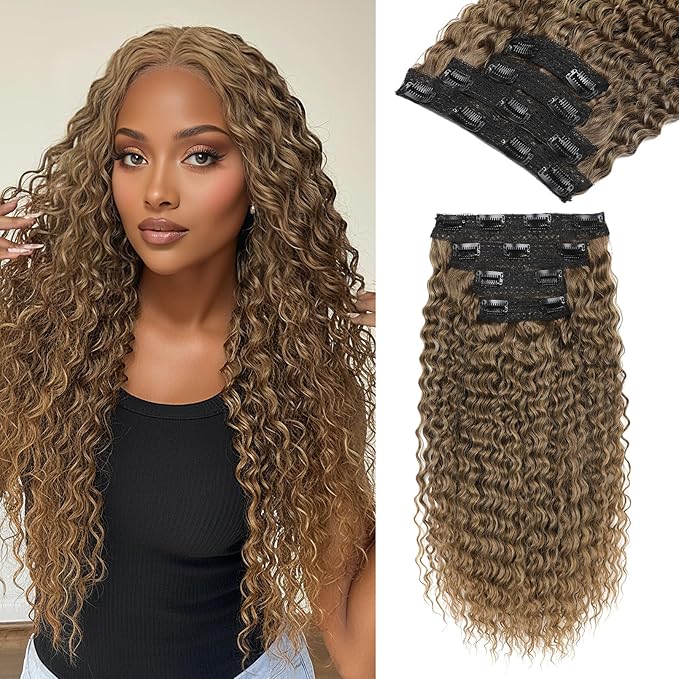 REECHO Hair Extensions - 4PCS 20" Water Wave Clip in Hair Extensions 100% Super Protein Silky Soft Natural Look with Invisible Lace Weft Hairpieces for Women - Golden Walnut