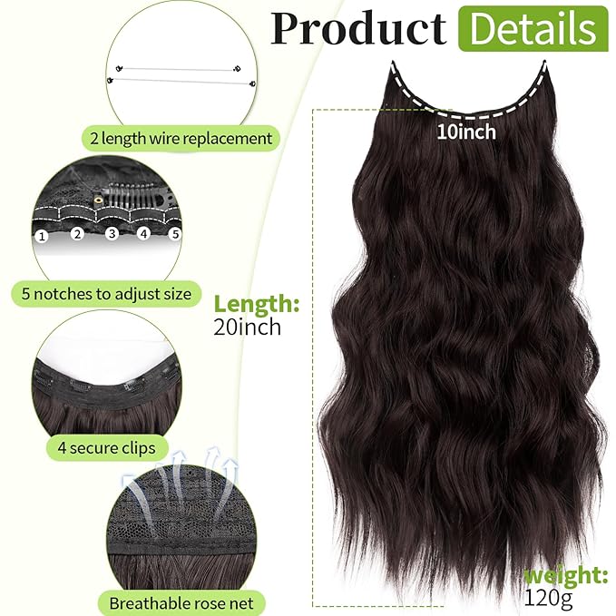 KooKaStyle Invisible Wire Hair Extensions with Transparent Headband Adjustable Size 4 Secure Clips Long Wavy Synthetic Hair Secret Wire Hairpiece 20 Inch Reddish Chocolate Brown for Women