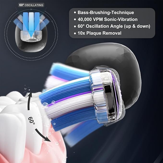 Electric Toothbrush Wave Oscillation & Vibration Sonic Tooth Brush for Adults BASS-Brushing Technique Travel Rechargeable Toothbrushes 4 Soft Bristle Replace Heads IPX7 Gifts for Men Women Black