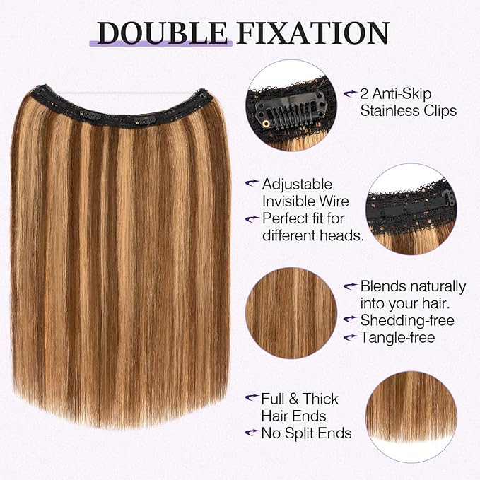 Halo Hair Extensions Real Human Hair,Halo Hair Extension 100% Human Hair,Wire Hair Extensions,Thicker 4P27 Medium Brown Mixed Dark Blonde 20inch/100g