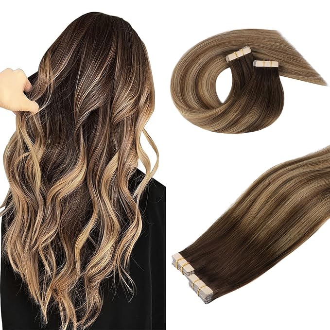 DOORES Tape in Hair Extensions Real Hair, Balayage Chocolate Brown to Caramel Blonde 40pcs 100g 22 Inch, Remy Human Hair Extensions Tape in Natural Hair Straight Skin Weft