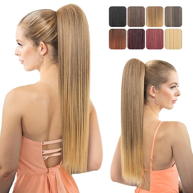 Ponytail Extension, 24" Long Straight Claw Clip Ponytail Extension clip on ponytails hair clip Hair claw clip Fake Ponytail Hairpieces for Women – Sandy Blonde/Caramel Rooted