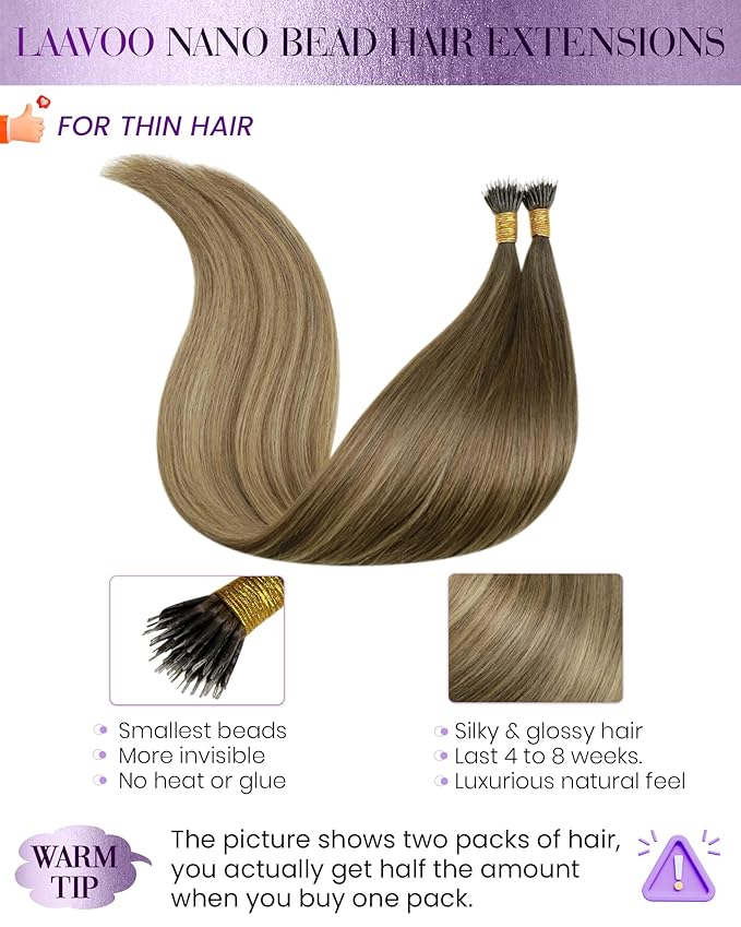 LaaVoo Nano Bead Hair Extensions Human Hair Brown Nano Ring Human Hair Extensions Ombre Brown to Light Brown Mix Golden Brown Nano Extensions Human Hair 50g 50s 22in