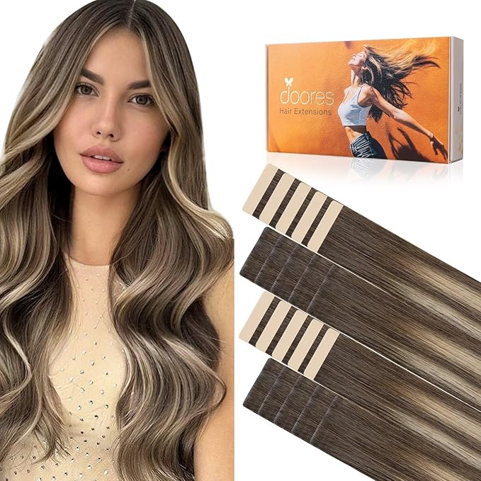 DOORES Invisi Edge Tape in Hair Extensions Human Hair, Chocolate Brown to Honey Blonde 10 Injection Tape-ins with 10 Classic Tape-ins 50g 18 Inch, Injection Tape in Virgin Human