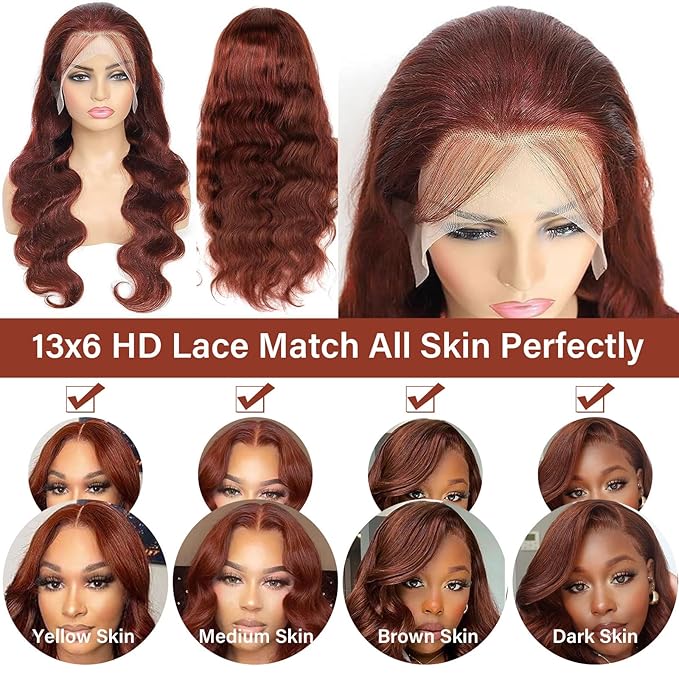 Aicrelery Reddish Brown 13x6 HD Lace Front Wigs Human Hair 33b Auburn Colored 13x6 Body Wave Frontal Wigs for Black Women 180% Density Glueless HD Lace Frontal Wig 24 inch