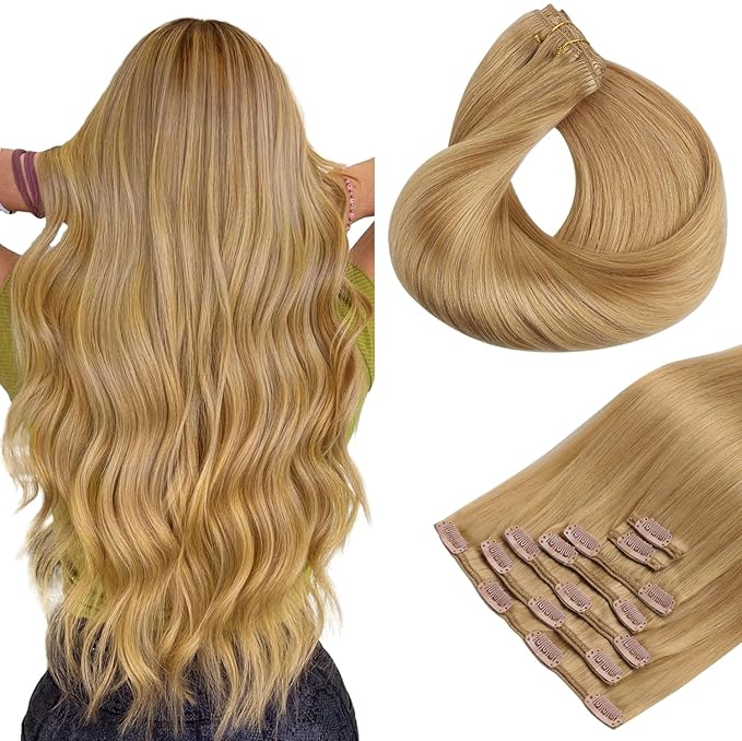 HOTBANANA Human Hair Clip in Hair Extensions, Honey Blonde Hair Extensions 120g Clip in Hair Extensions Real Human Hair Straight Remy Hair Clip Ins 18 Inch 7pcs