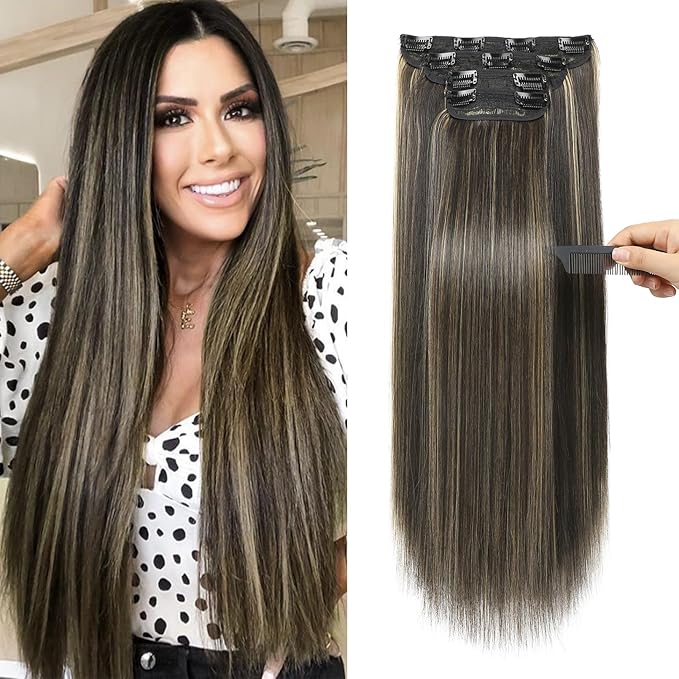 REECHO 20" Straight Long 4 PCS Set Thick Clip in on Hair Extensions Dark Brown with Blonde Highlights