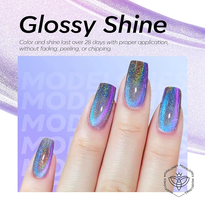 modelones 9D Magnetic Cat Eye Gel Nail Polish, Holographic Blue Purple Rainbow Shimmer, 15ML UV LED Soak Off Gel, Christmas Nail Art, Manicure Design - Reflective Top Coat for Women & Girls