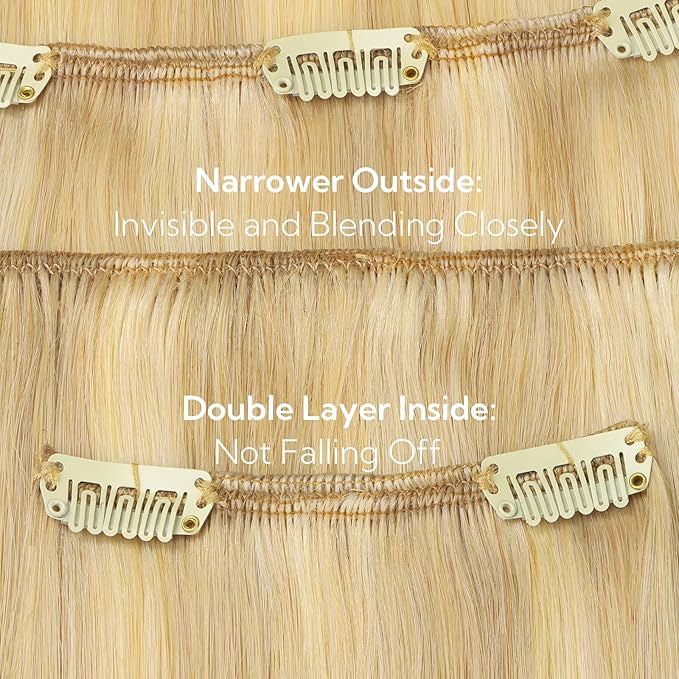 HOTBANANA Clip in Hair Extensions Real Human Hair, 150g 9pcs 22 inch Light Blonde Highlighted Golden Blonde Straight Remy Clip in Extensions Full Head for Women