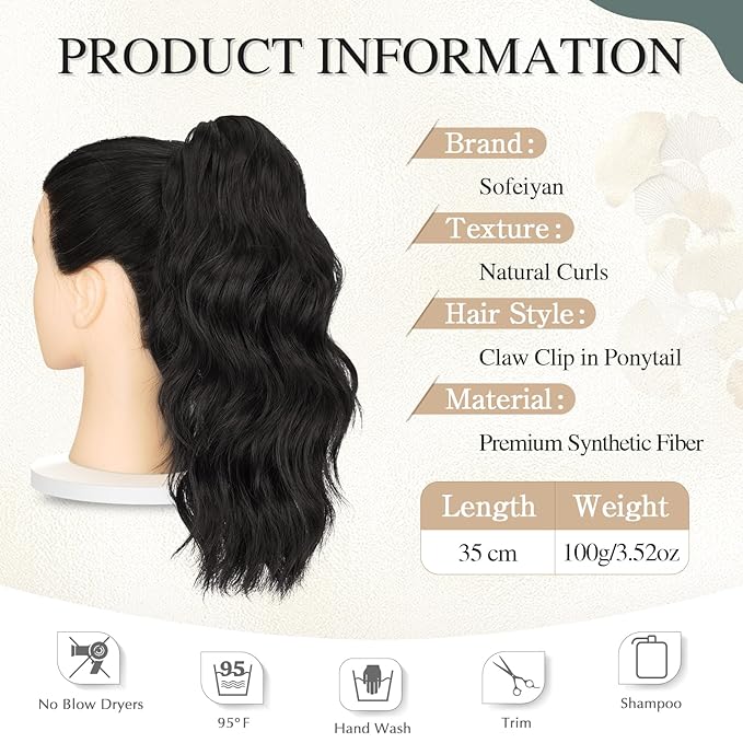 SOFEIYAN 14" Ponytail Extension, Short Wavy Claw Clip in Ponytail Hair Extension Synthetic Hairpieces Natural Black Layered Natural Fluffy Curly Drawstring Ponytail Hair Piece for Women