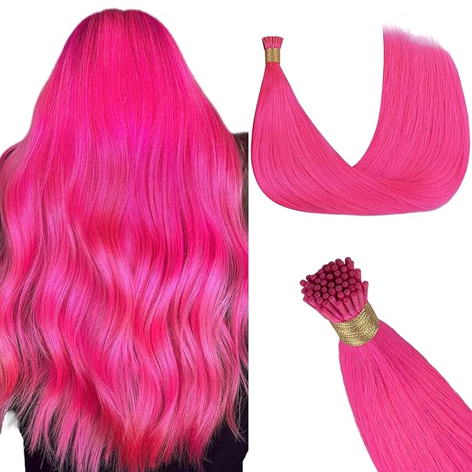 GOO GOO Colored I Tip Hair Extensions, Real Human Hair, 18inch 50g 50S, Cold Fusion I Tip, Invisible Remy, Hot Pink