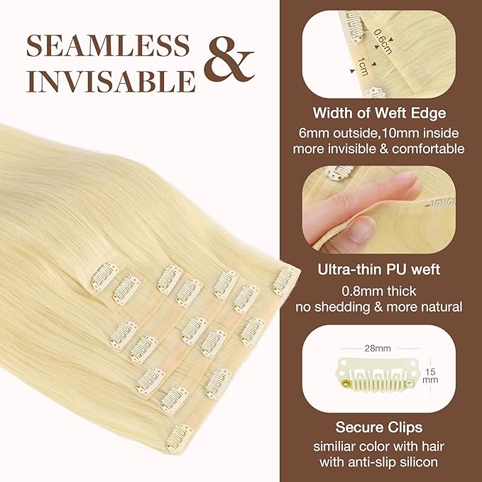GOO GOO Clip in Hair Extensions Real Human Hair, Remy Human Hair Extensions Clip ins for Women, Natural Human Hair, 20inch 150g 7Pcs, 613R Bleach Blonde