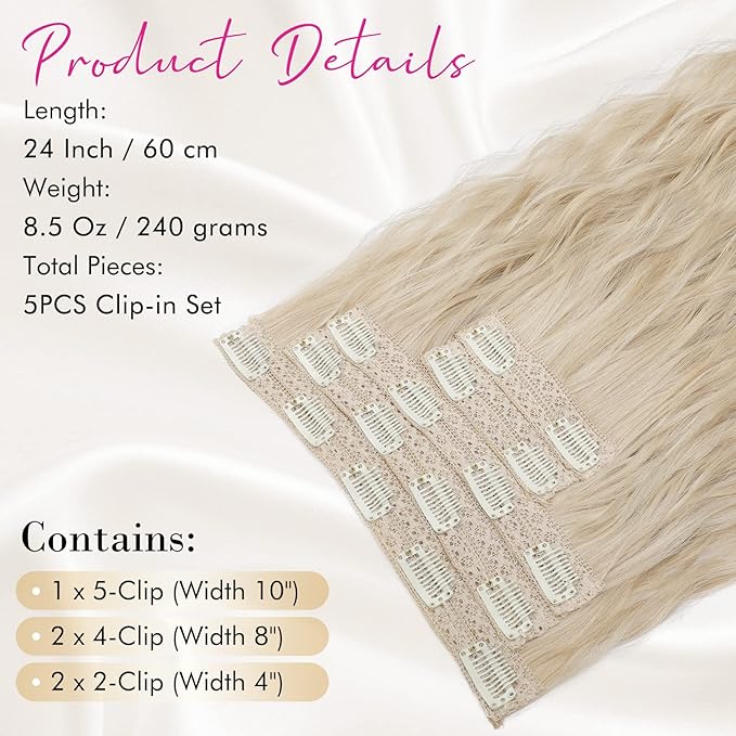 Clip in Hair Extensions, REECHO 5PCS Brown Hair Extensions 24" Thick Long Loose Waves hair extensions HE002 Invisible Lace Weft Natural Soft Hairpieces for Women – Blonde