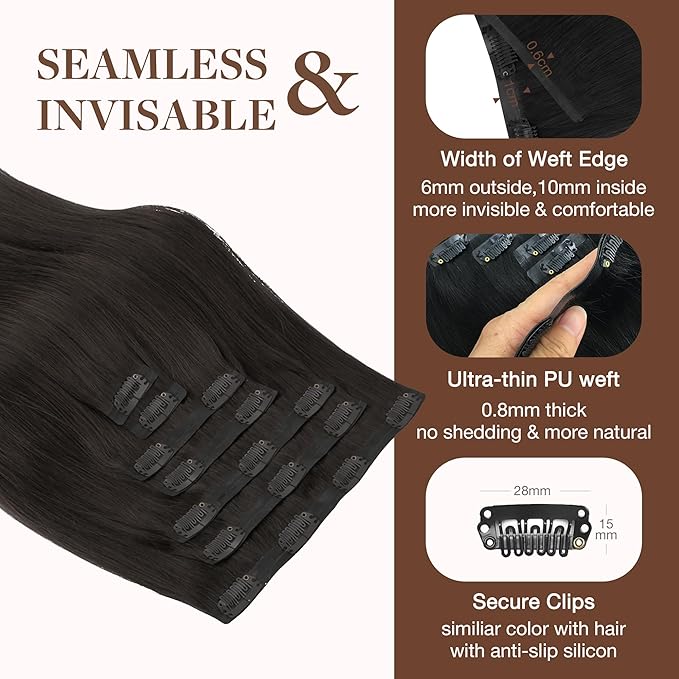 GOO GOO Clip in Hair Extensions Real Human Hair, Remy Human Hair Extensions Clip ins for Women, Natural Human Hair, 16inch 130g 7Pcs, 2 Dark Brown