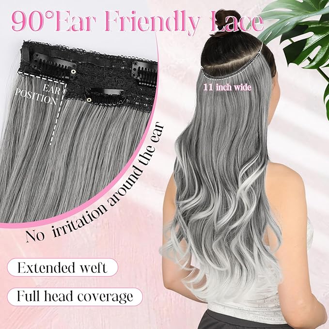 Invisible Wire Hair Extensions with Transparent Wire Adjustable Size 4 Secure Clips Long Wavy Secret Hairpiece 20 Inch for Women(OMber Grey)