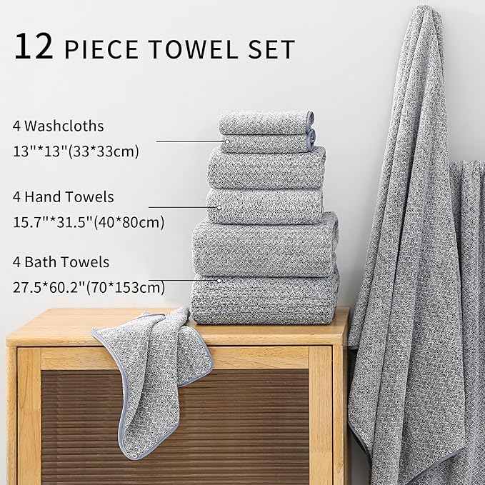Ultra Soft Bath Towel Set,12 Piece (4 Bath Towels,4 Hand Towels,4 Washcloths) Family Bathroom Towels Set with Hanging Loop,Quick Dry Extra Absorbent Shower Towel for Bathroom,Hotel,Spa-Dark Gray