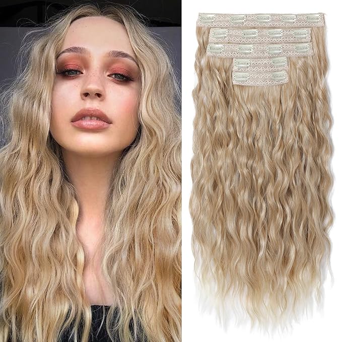 REECHO Clip in Hair Extensions, 5PCS Blonde Hair Extensions 24" Thick Long Loose Waves hair extensions HE002 Invisible Lace Weft Natural Soft Hairpieces for Women – Dark Blonde with Light Ends
