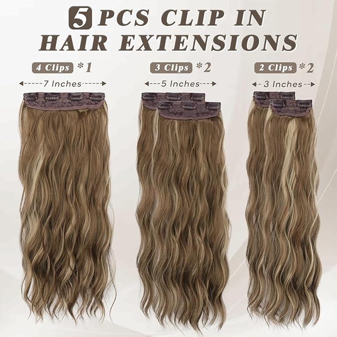 BARSDAR Clip in Hair Extensions - 20 Inch Wavy Highlight Hair Extensions - 5PCs Thick Soft Synthetic Clip in Hairpieces Daily Party Halloween - Ash Brown & Blonde