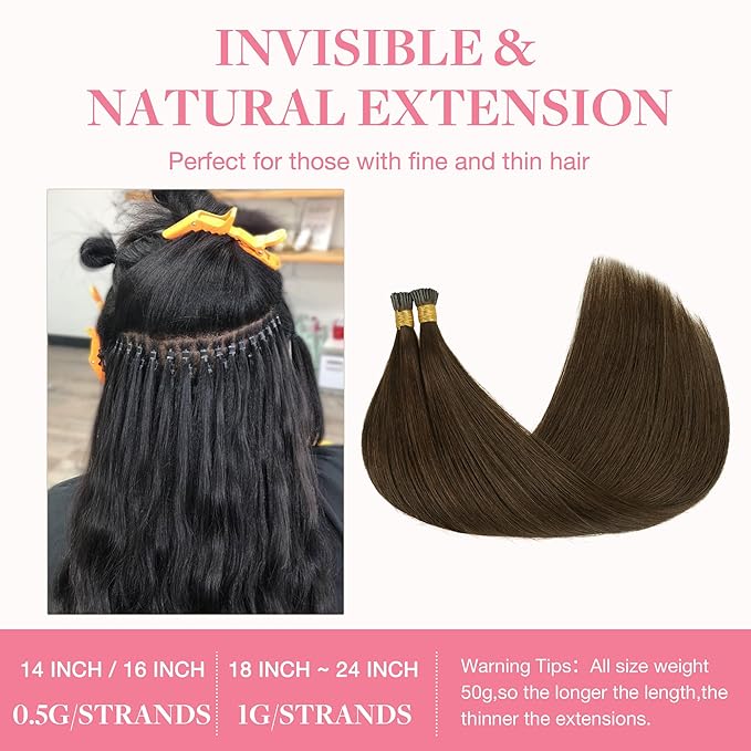 GOO GOO I Tip Hair Extensions Real Human Hair, 14inch 50g, Cold Fusion I Tip Hair Extensions, 4A Chocolate Brown