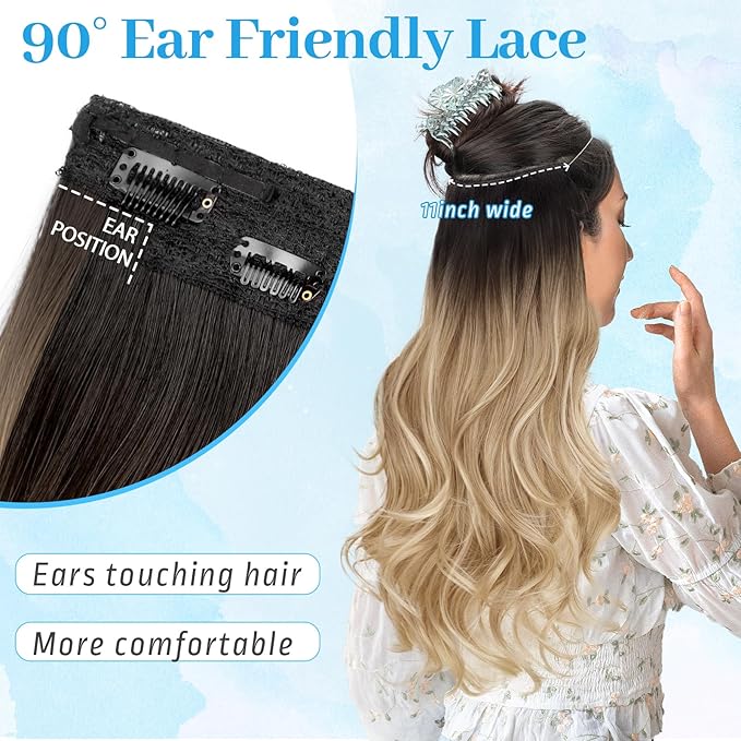 KooKaStyle Invisible Wire Hair Extensions Long Wavy Layered Synthetic Hair Extensions with Transparent Wire Adjustable Size 6 Secure Clips Brown to Blonde Hairpieces for Women 20 Inch