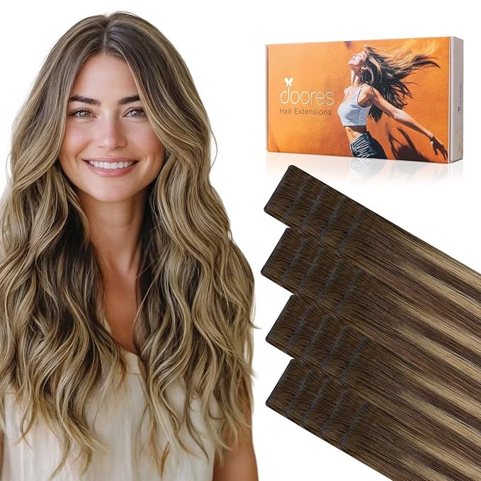 DOORES Invisi Edge Tape in Human Hair Extensions, Chocolate Brown to Caramel Blonde 10 Injection Tape-ins with 10 Injection Tape-ins 50g 20 Inch 20pcs, Invisible Tape in Extensions Straight