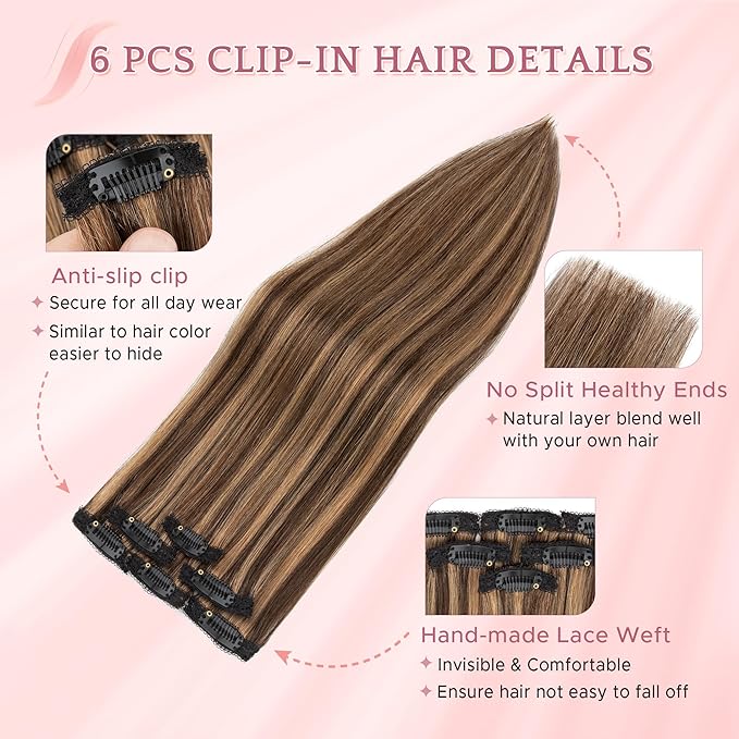 SEGO Single Clip In Hair Extensions Real Human Hair 6 Pcs Individual Clip Ins Highlight Remy Balayage Straight Soft Seamless Hairpieces for Women -18 Inch #2RP6 Dark Brown & Light Brown