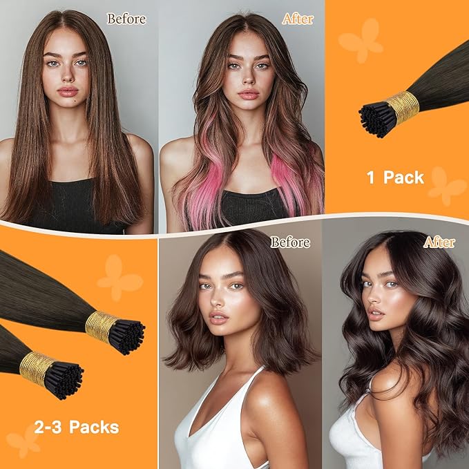 DOORES Human Hair Extensions Itip Hair Extensions, Mocha Brown 50g/100s 16 Inch, Real Human Hair Extensions Keratin Hair Extensions